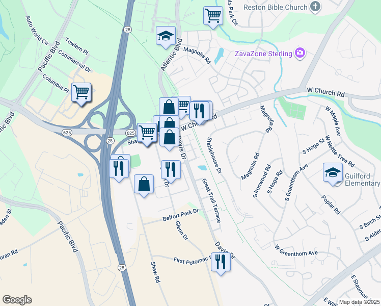 map of restaurants, bars, coffee shops, grocery stores, and more near 45455 Heritage Trail Square in Sterling