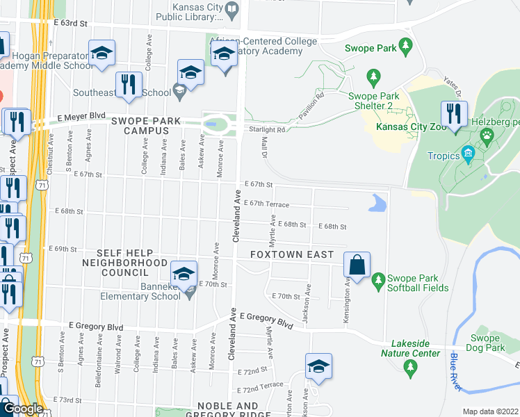 map of restaurants, bars, coffee shops, grocery stores, and more near 3825 E 67th Terrace in Kansas City