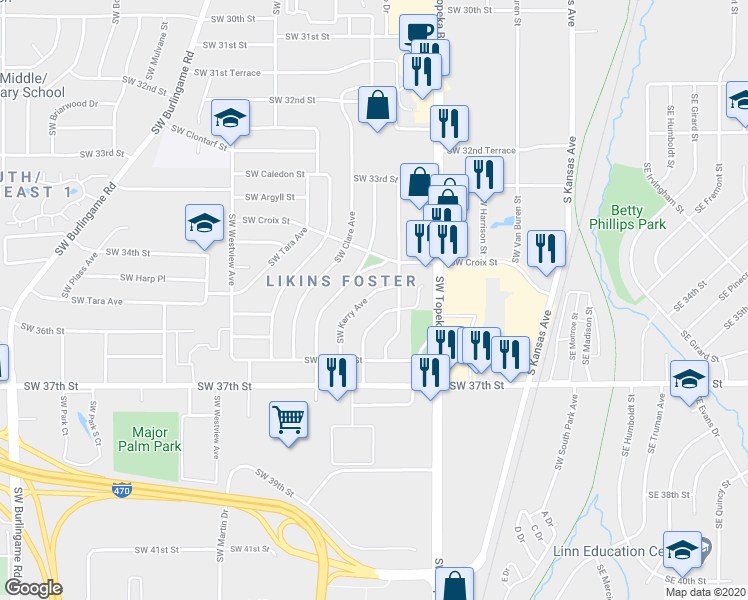 map of restaurants, bars, coffee shops, grocery stores, and more near 3530 Southwest Kerry Avenue in Topeka