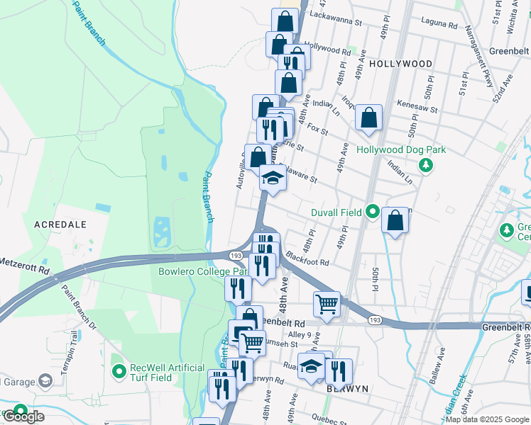 map of restaurants, bars, coffee shops, grocery stores, and more near 9091 Baltimore Avenue in College Park