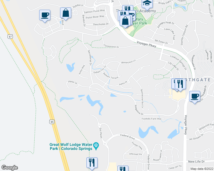 map of restaurants, bars, coffee shops, grocery stores, and more near 11738 Spectacular Bid Circle in Colorado Springs
