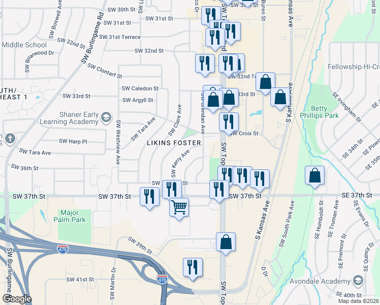 map of restaurants, bars, coffee shops, grocery stores, and more near 3570 Southwest Kerry Avenue in Topeka