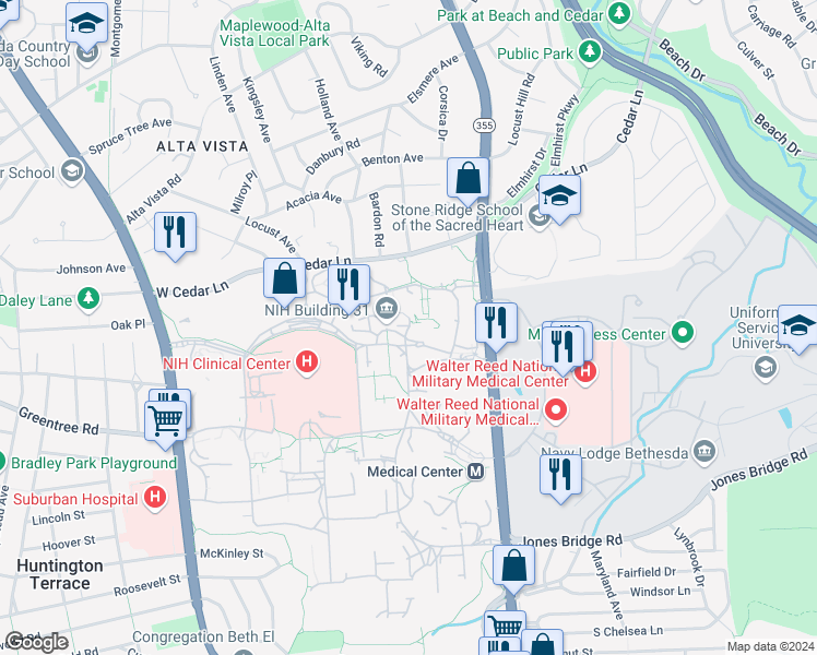 map of restaurants, bars, coffee shops, grocery stores, and more near Center Street in Bethesda