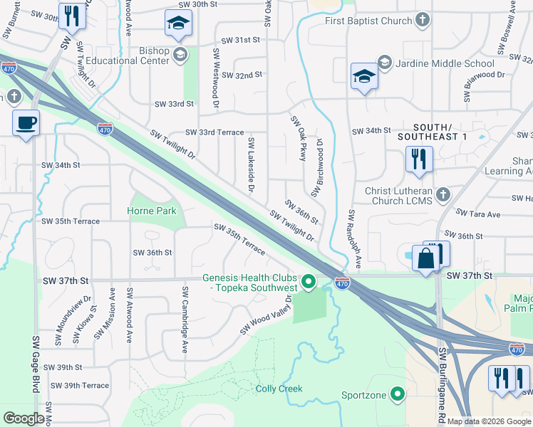 map of restaurants, bars, coffee shops, grocery stores, and more near 3027 Southwest Twilight Drive in Topeka