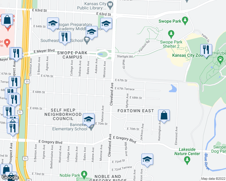 map of restaurants, bars, coffee shops, grocery stores, and more near 6731 Cleveland Avenue in Kansas City