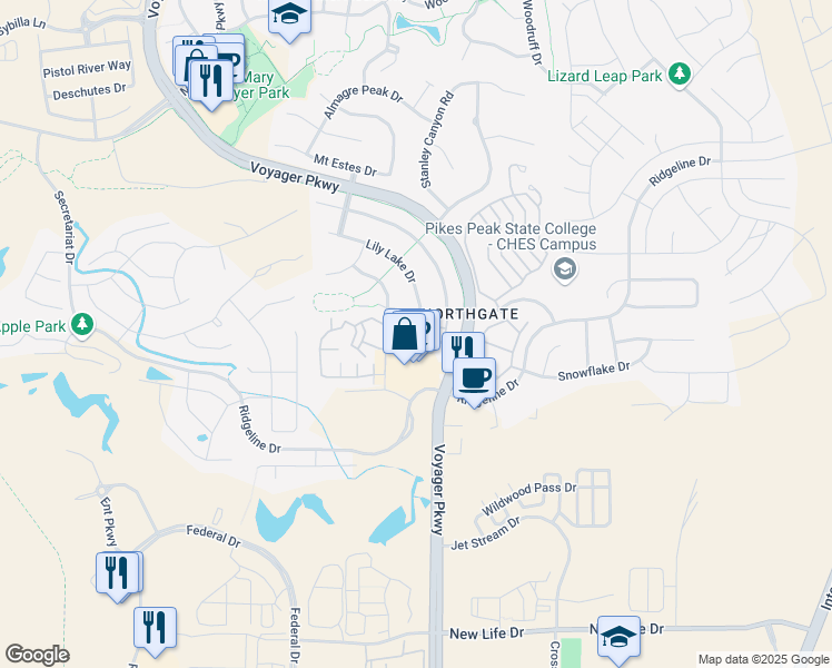 map of restaurants, bars, coffee shops, grocery stores, and more near 1520 Peregrine Vista Heights in Colorado Springs