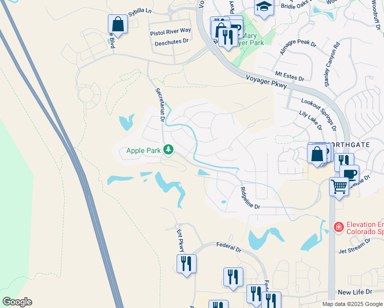 map of restaurants, bars, coffee shops, grocery stores, and more near 11738 Spectacular Bid Circle in Colorado Springs