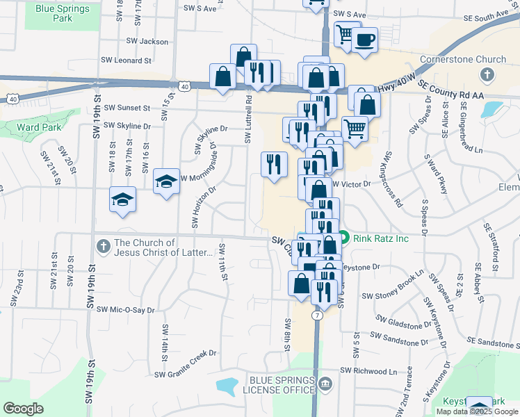map of restaurants, bars, coffee shops, grocery stores, and more near 925 Southwest Clark Road in Blue Springs