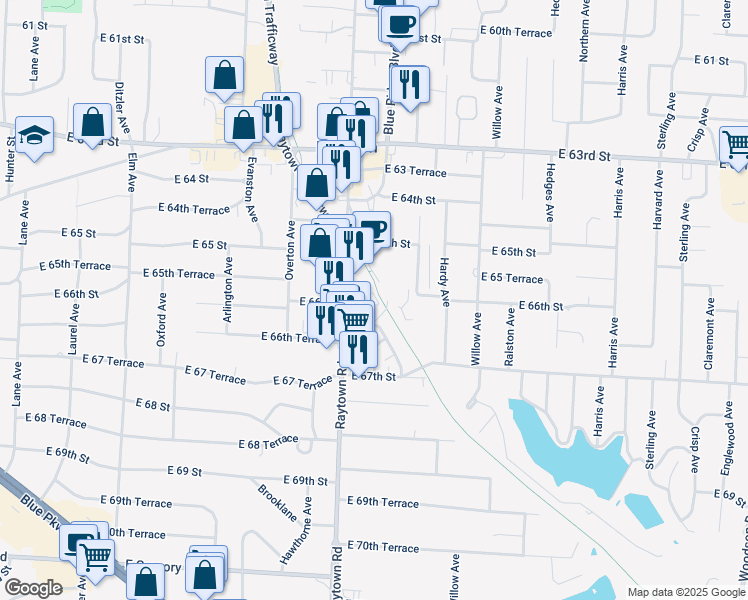 map of restaurants, bars, coffee shops, grocery stores, and more near 10020 East 66 Terrace in Raytown