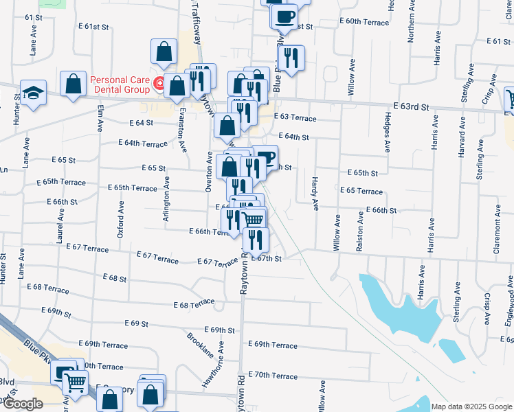 map of restaurants, bars, coffee shops, grocery stores, and more near 10020 East 66 Terrace in Raytown
