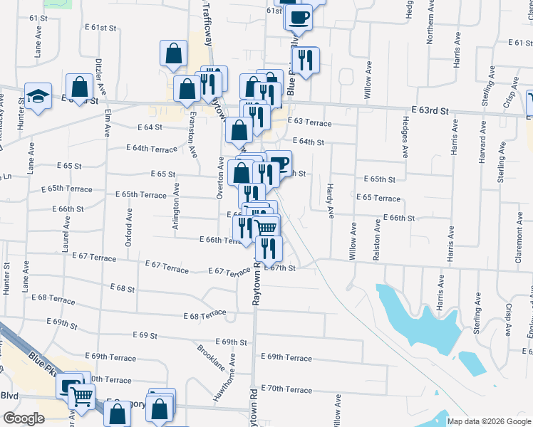 map of restaurants, bars, coffee shops, grocery stores, and more near 10020 East 66 Terrace in Raytown