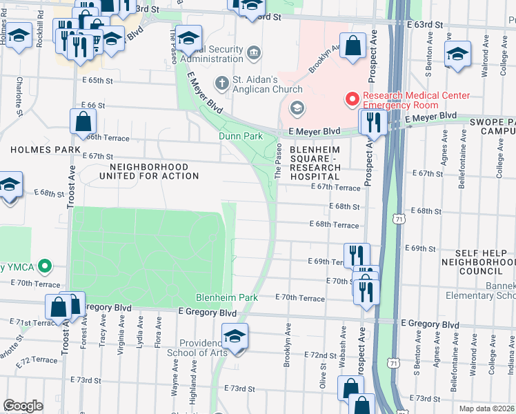 map of restaurants, bars, coffee shops, grocery stores, and more near 6820 The Paseo in Kansas City