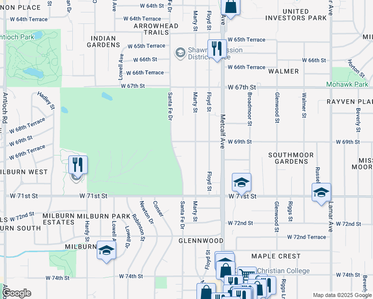 map of restaurants, bars, coffee shops, grocery stores, and more near 6925 Santa Fe Drive in Overland Park