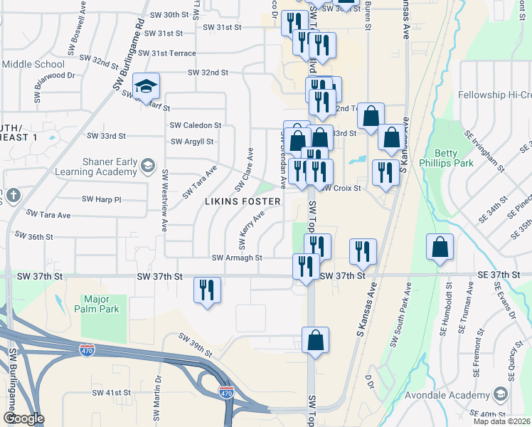 map of restaurants, bars, coffee shops, grocery stores, and more near 3570 Southwest Kerry Avenue in Topeka