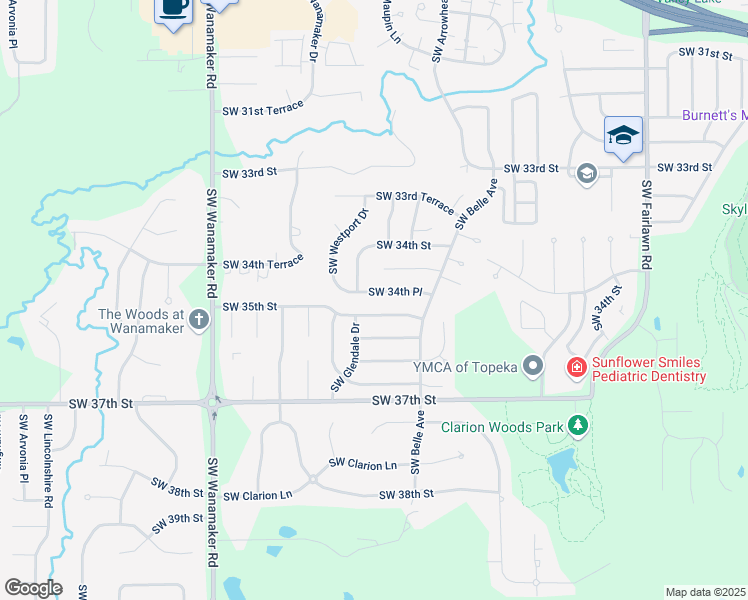 map of restaurants, bars, coffee shops, grocery stores, and more near 5649-5653 Southwest 35th Street in Topeka