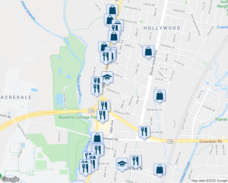 map of restaurants, bars, coffee shops, grocery stores, and more near 4710 Cherokee Street in College Park