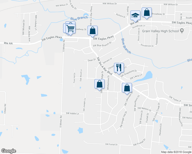 map of restaurants, bars, coffee shops, grocery stores, and more near 501 Hamilton Lane in Grain Valley