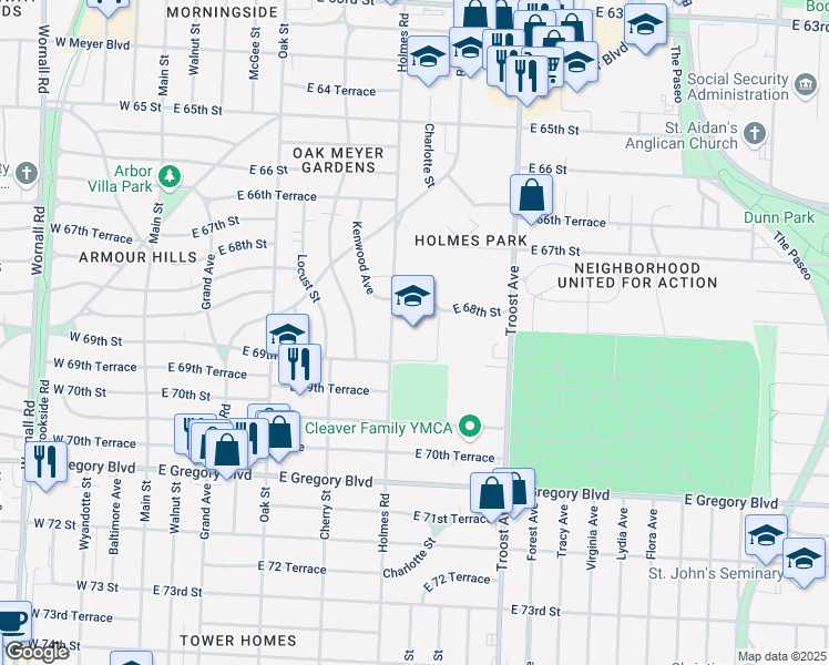 map of restaurants, bars, coffee shops, grocery stores, and more near 6801 Holmes Road in Kansas City