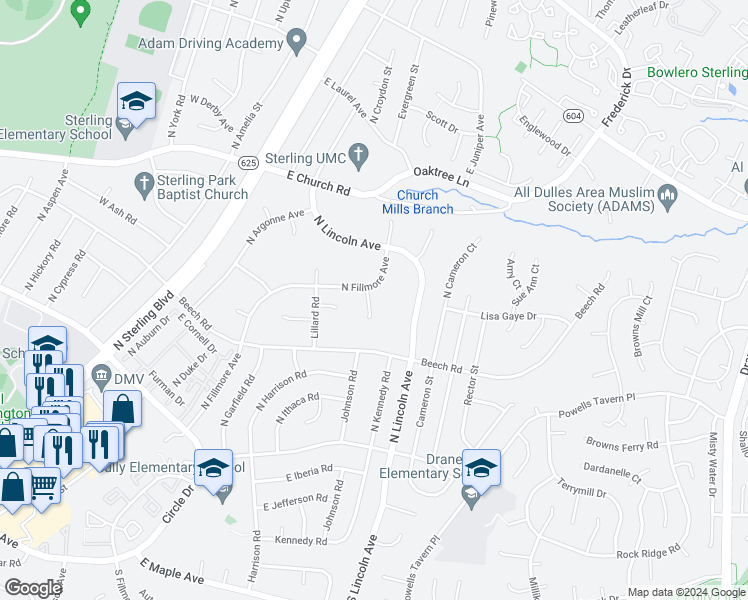 map of restaurants, bars, coffee shops, grocery stores, and more near 404 Bailey Court in Sterling