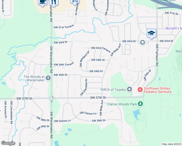 map of restaurants, bars, coffee shops, grocery stores, and more near 5649-5653 Southwest 35th Street in Topeka