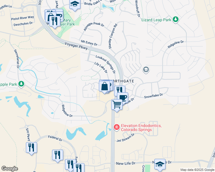 map of restaurants, bars, coffee shops, grocery stores, and more near 1640 Peregrine Vista Heights in Colorado Springs