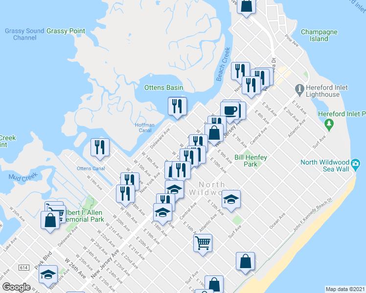 map of restaurants, bars, coffee shops, grocery stores, and more near 201 West 11th Avenue in North Wildwood