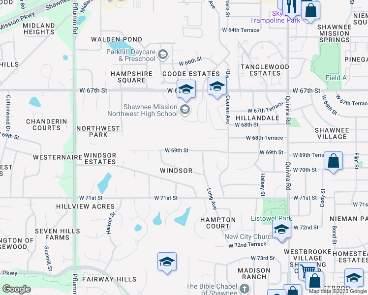 map of restaurants, bars, coffee shops, grocery stores, and more near 12618 West 69th Street in Shawnee