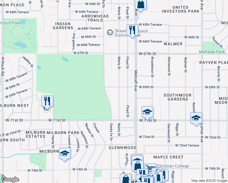 map of restaurants, bars, coffee shops, grocery stores, and more near 6925 Santa Fe Drive in Overland Park