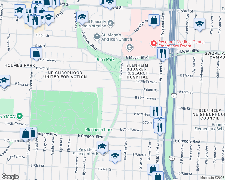 map of restaurants, bars, coffee shops, grocery stores, and more near 6820 The Paseo in Kansas City