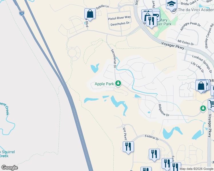 map of restaurants, bars, coffee shops, grocery stores, and more near 829 Sword Dancer Dr in Colorado Springs