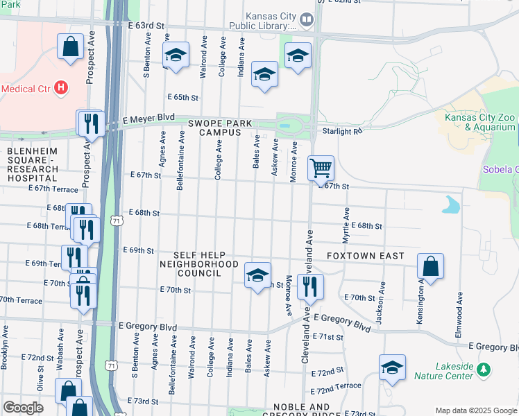 map of restaurants, bars, coffee shops, grocery stores, and more near 6744 Bales Avenue in Kansas City