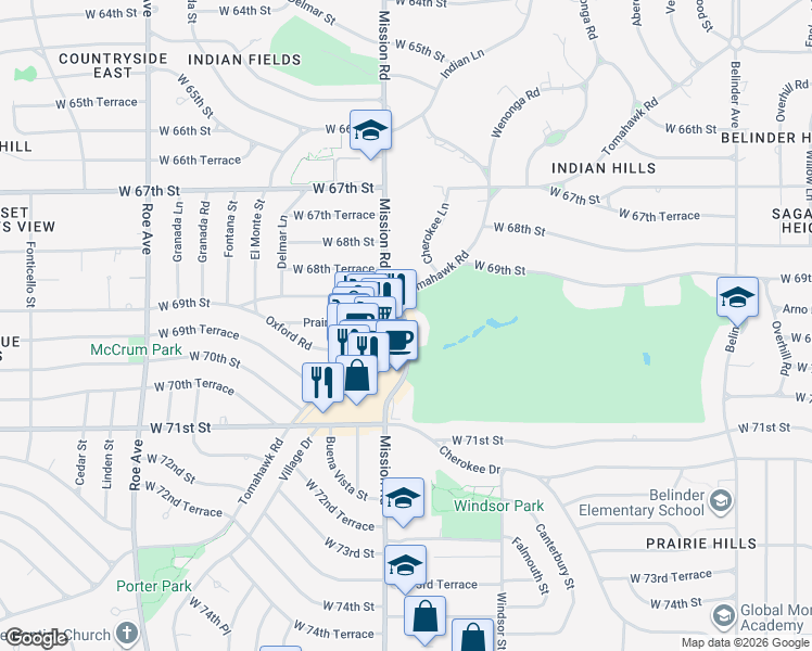 map of restaurants, bars, coffee shops, grocery stores, and more near 6920 Mission Road in Prairie Village