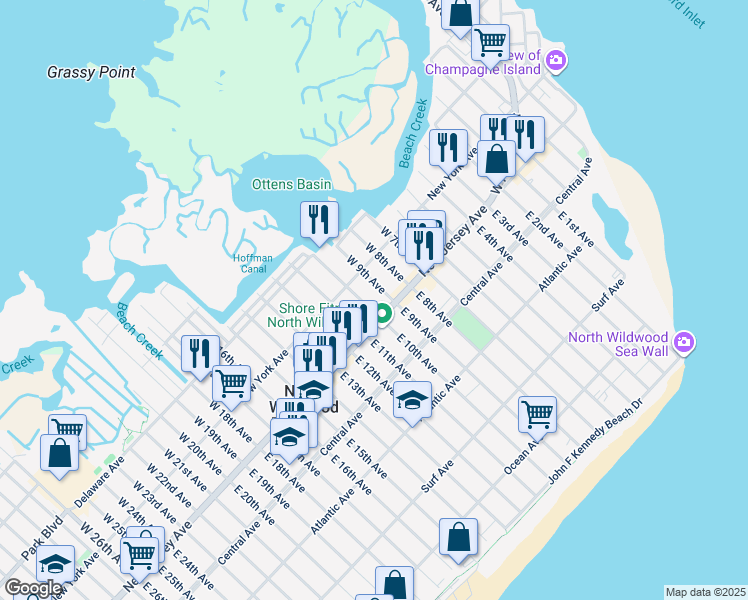 map of restaurants, bars, coffee shops, grocery stores, and more near 111 West 11th Avenue in North Wildwood
