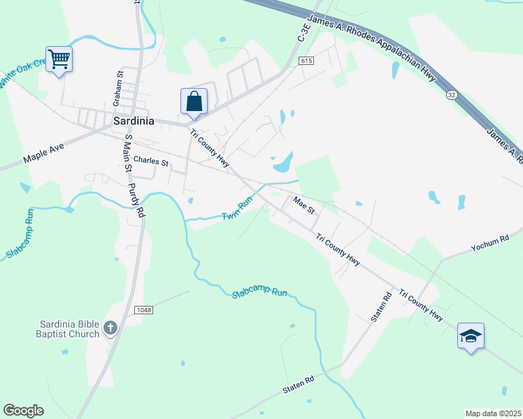 map of restaurants, bars, coffee shops, grocery stores, and more near 7362 Tri County Highway in Sardinia