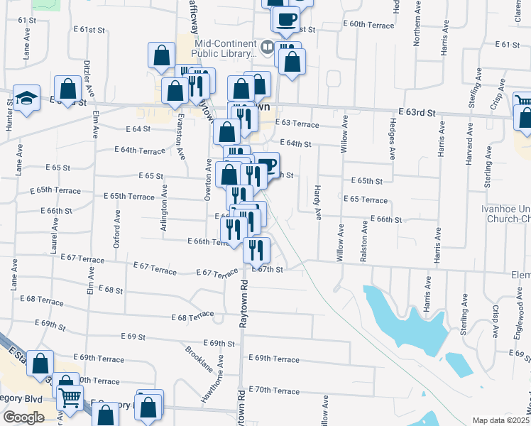 map of restaurants, bars, coffee shops, grocery stores, and more near 10020 East 66 Terrace in Raytown