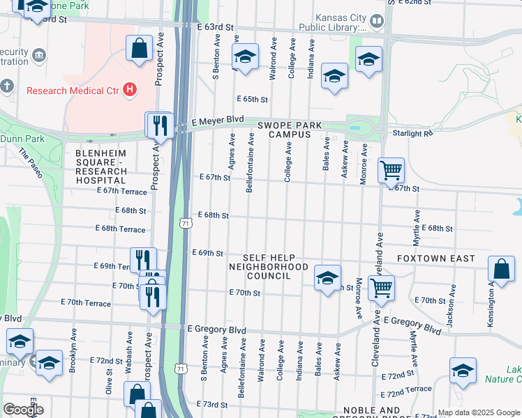map of restaurants, bars, coffee shops, grocery stores, and more near 6801 Walrond Avenue in Kansas City