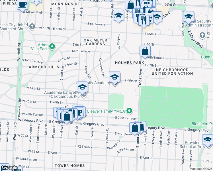 map of restaurants, bars, coffee shops, grocery stores, and more near 6811 Holmes Road in Kansas City
