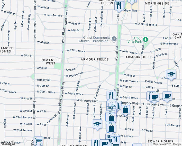 map of restaurants, bars, coffee shops, grocery stores, and more near 615 Romany Road in Kansas City