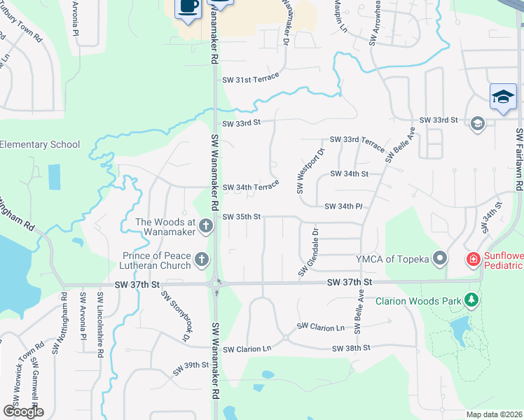 map of restaurants, bars, coffee shops, grocery stores, and more near 3500 Southwest Westport Court in Topeka