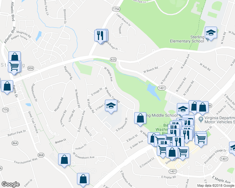 map of restaurants, bars, coffee shops, grocery stores, and more near 611 West Maple Avenue in Sterling