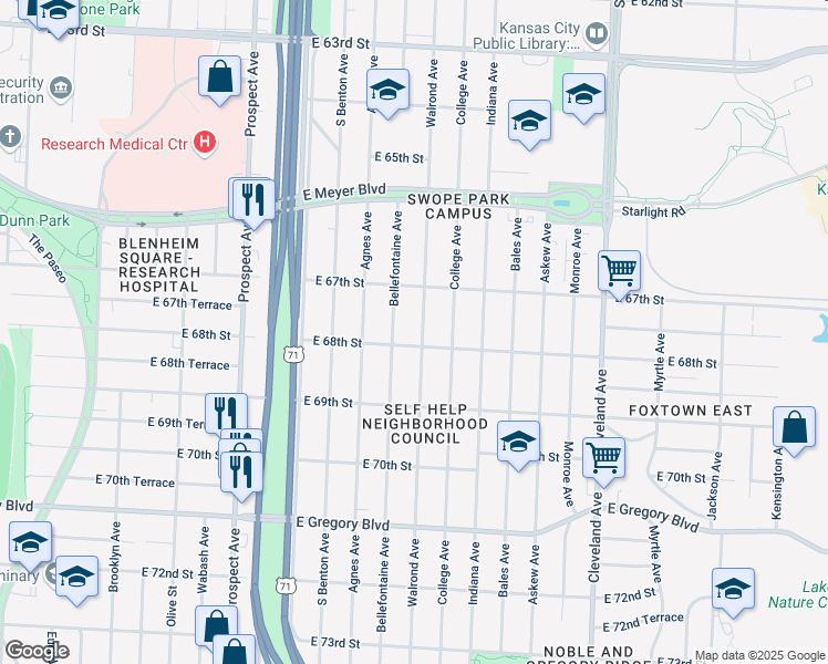 map of restaurants, bars, coffee shops, grocery stores, and more near 6801 Walrond Avenue in Kansas City