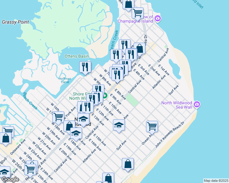 map of restaurants, bars, coffee shops, grocery stores, and more near 126 East 8th Avenue in North Wildwood