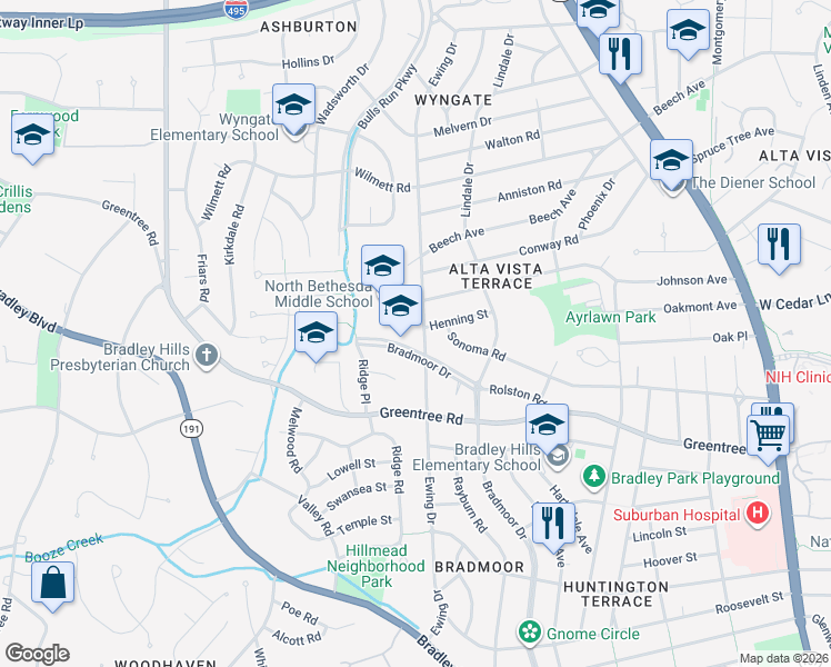 map of restaurants, bars, coffee shops, grocery stores, and more near 9004 Ewing Drive in Bethesda