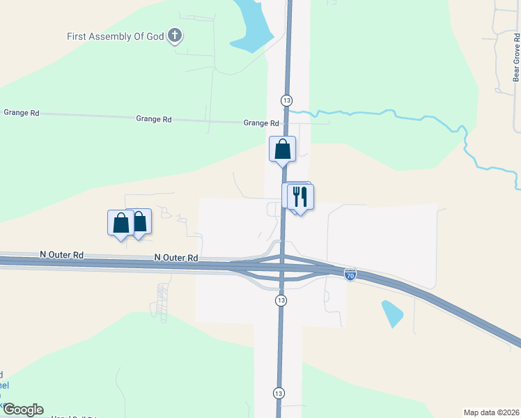 map of restaurants, bars, coffee shops, grocery stores, and more near Missouri 13 in Higginsville