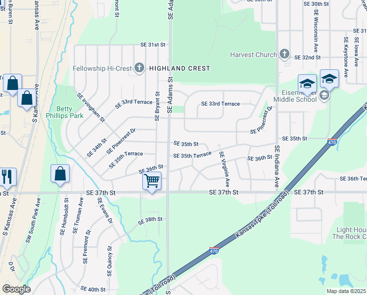 map of restaurants, bars, coffee shops, grocery stores, and more near 3501 Pennsylvania Avenue in Topeka