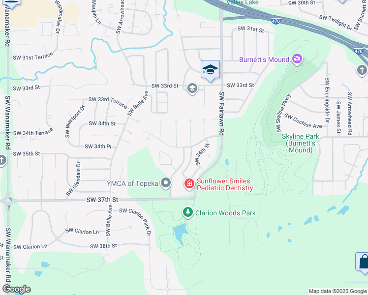 map of restaurants, bars, coffee shops, grocery stores, and more near 3403 Southwest Chelsea Drive in Topeka
