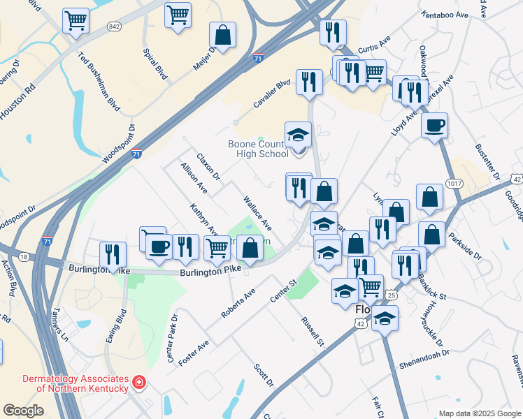 map of restaurants, bars, coffee shops, grocery stores, and more near 10 Wallace Avenue in Florence