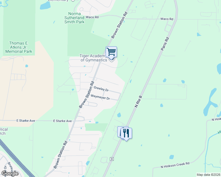 map of restaurants, bars, coffee shops, grocery stores, and more near 3608-3612 Greeley Drive in Columbia