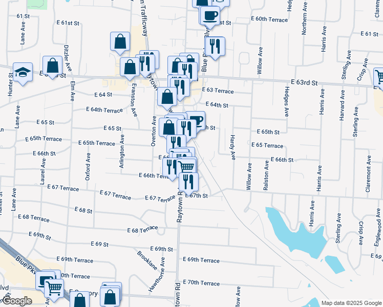 map of restaurants, bars, coffee shops, grocery stores, and more near 10020 East 66 Terrace in Raytown