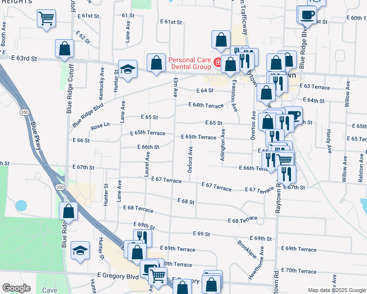 map of restaurants, bars, coffee shops, grocery stores, and more near 6509 Oxford Avenue in Raytown